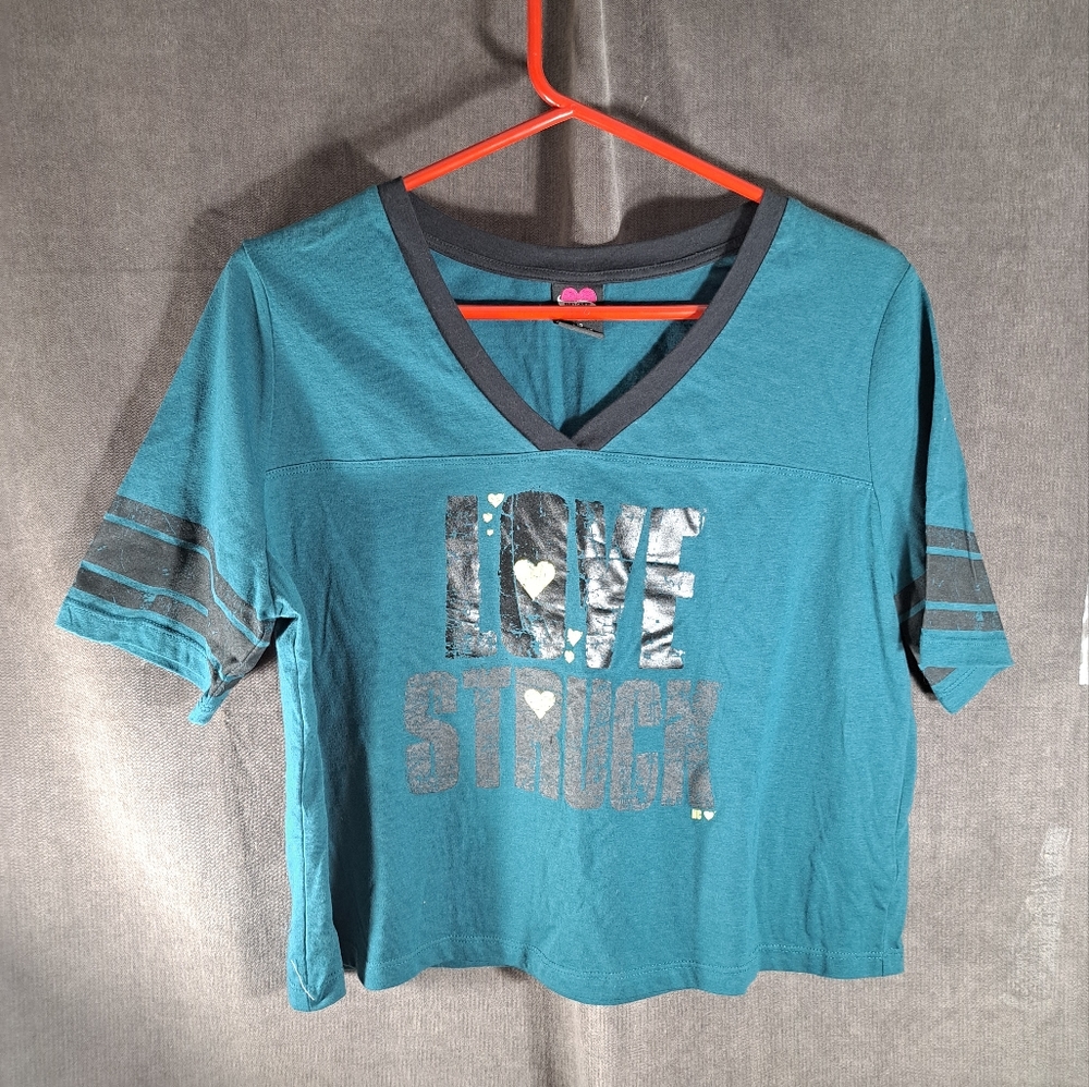 Hard Candy "Love Struck" Turquoise Black Raglan Cropped Graphic Tee VG L